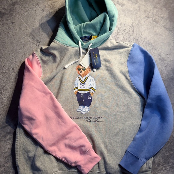 Ralph Lauren Colorblock Polo Bear Hoodie - Heather Gray, Mint, Pink & Blue - Picture 3 of 8